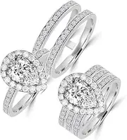 Diamonbella Realistic Simulated Diamond Pear Shaped Halo Ring Double Band Set 2 Carat Solid 925 Silver Platinum Plated