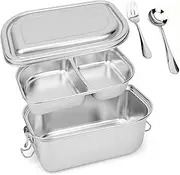 Lunbengo 8.6'' x 5.9'' Stainless Steel Lunch Container Bento Box, Metal Lunch box, Metal Food Containers Stainless Steel Food Container, With Leakproof Lid, Fork and Spoon