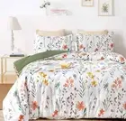 Queen Size Comforter Set, White Yellow Floral, Green Leaf Pattern Print Rever...