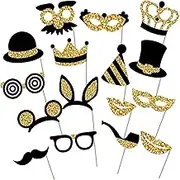 16PCS Black & Gold Birthday Party Photo Props Set, Funny Photo Booth Props, Mix of Hats, Moustache, Glasses, Crowns for Adults & Kids, Selfie Props, Party Supplies