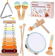 Wooden Percussion Instruments Set,Wooden Baby Toys for Neutral Colors, Xylophone, Drum, Maracas, Kids Montessori Music Toys (6Pcs)