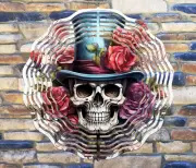 10" Roses Skull Tophat Skeleton Wind Spinner Yard Decor 3D Kinetic rws086