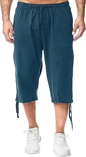 [JEShifangjiusu] Men's Causual 3/4 Long Cotton Shorts Drawstring Elastic Waist Cargo Straight Shorts Wide Leg Baggy Pants, Blue B2, XL