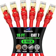 Cat 7 Ethernet Cable 15 ft - (6 Pack) High-Speed Cat7 Internet & Network LAN Patch Cables, RJ45 Connectors - Perfect for Gaming, Streaming, and More (Red)