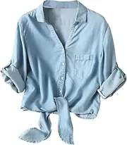 [Dauocie] Women's Roll Up 3/4 Sleeve Button Down Shirts Tie Front Knot Crop Top with Pocket