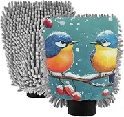 XYMZR Birds Blue Cherry Absorbent Microfiber Car Wash Mitt, Funny Cute Anime Scratch Free for Cars Cleaning, Home Cleaning Mitts, 2 Pack, 10.24” L x 7.09” W