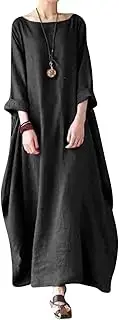 [Jacansi] Women Summer Stripe Long Sleeve V-Neck Cotton Linen Plus Size Kaftan Dress S-5XL