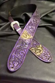 guitar strap leather 3.5" floral riffs" pearl purple hummingbird 2 pc buckle