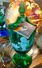 FENTON LARGE CHRISTMAS GREEN CANDY JAR CHILD AND DOG PLAYING IN THE SNOW NIB