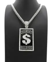 Hip Hop Iced Silver PT CASHMONEY RECORD Pendant & 6mm 24" CUBAN CHAIN NECKLACE