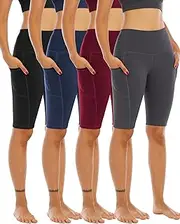 [WHOUARE] 4 Pack Biker Yoga Shorts with Pockets for Women,High Waisted Athletic Running Workout Gym Shorts Tummy Control