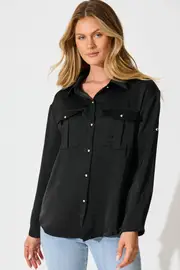 Women's Party Gracie Shirt Full Length Sleeve in Black Satin 8