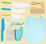 8PCS Kids Kitchen Knife Set, Wooden Kids Knife Safe Knives for Cooking Serrated Edges Children Cooking Utensils Tools Plastic Knife for Toddlers, Potato Slicers, Cutting Board (Blue)