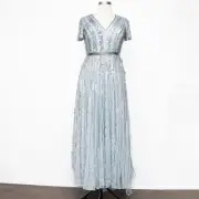Mac Duggal. Blue Stripe Sequin V-Neck Gown.