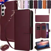 For Samsung S25 S24 Ultra Plus S23 FE S22 Zip Wallet Case Leather Cover w/Strap