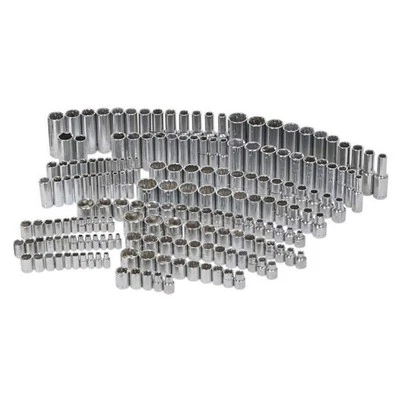 Husky Socket Set SAE Metric Chrome 1/4 in. 3/8 in. and 1/2 in. Drive 200 Piece