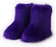[HIPRETTYUS] Women's Faux Fur Boot, Round Toe Suede, Warm Snow Comfy Plush Short Flat Mid-Calf Furry Fluffy Boots