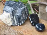 Raw Black Tourmaline Crystal Chunk & 2 Polished Black Tourmaline Tumble Stones
