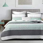 DURLENGEN Striped Quilt Set Twin Size 2Pcs, Bohemian Design with White & Mint Green & Blue & Grey Stripes, All Season Lightweight Coverlet Sets(Twin 68x86, Mint Green)