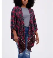 Torrid Plus Christmas Drape Plaid Flannel Red Fringe Open Front Cardigan 4, 4X
