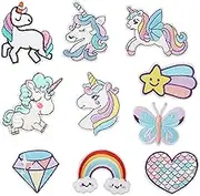 10pcs Dreamy Unicorn Iron on Patches for Girls, Embroidered Patches Sew on Patches, DIY Sew Applique Repair Cute Rainbow Heart Butterfly Diamond Patche for Clothes Kid Hats Jeans
