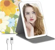 FUNTOUCH Rechargeable Travel Lighted Makeup Mirror with PU Leather Cover, Portable lights, 3 Color Lighting,Touch Sensor Dimmable, Light Up Tabletop Cosmetic Folding Flower, White