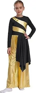 [Loodgao] Girls Lyrical Praise Dance Costume Kids Long Sleeve Overlay Dress Metallic Wide Leg Pants Worship Gown