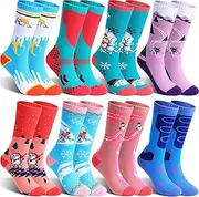 [Jeere] 8 Pairs Kids Ski Socks Merino Wool - Winter Warm Long Knee Snow Thermal Skiing Skating Snowboard Thick Cushion Boot Socks for 3-15 Years Girls Boys Toddlers Outdoor Activities, Vivid Colors, 7