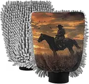 XYMZR Cowboy Sunset Orange Absorbent Microfiber Car Wash Mitt, Funny Cute Anime Scratch Free for Cars Cleaning, Home Cleaning Mitts, 2 Pack, 10.24” L x 7.09” W