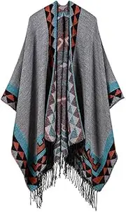 Boho Women Knitted Shawl Poncho Faux Cashmere Geometric Pattern Tassel Oversized Warm Long Cape BBZY