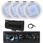 Pyle Marine Bluetooth CD Radio, 4x 8" 320W LED Speakers, Cover (White), Antenna
