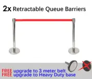 2x Queue Barriers Crowd Control stanchions + 2x 3m Retractable Belt Silver Red