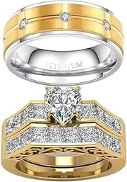[ringheart] 2 Rings Couple Rings Bridal Sets Yellow Gold Filled Heart Cz Womens Wedding Ring Sets Titanium Steel Man Wedding Bands