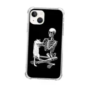 Black Phone Case Compatible with iPhone 15, Skull Cool Skeleton Skull White Cat