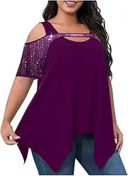 [Generic] Women's Cold Shoulder Plus Size Tunic Tops Sparkly Shirts Tops Hide Belly Short Sleeve Blouses Summer Flowy Tshirts Tees