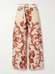 [Thank You Have A Good Day] Thank You Have A Good Day - Cotton-jacquard And Leather-trimmed Floral-print Cotton-canvas Wide-leg Pants - Red - One size One size Red