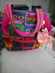 Laurel Burch Medium Canvas Bag Colorful w Classic Cats Sequins NEW