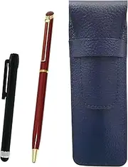 SASL-ALB-WD002-R Grain Leather Pen Case Blue Metal Touch Stick Black and Epoxy Rotating Ballpoint Pen Set Red