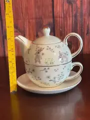 Elegance Teaware Porcelain 4 Pcs Set Teapot/Lid Cup Saucer Easter Bunny Spring