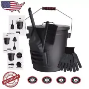 Elegant Black 5 Gallon Ash Bucket with Secure Lid & Ergonomic Cleaning Tools