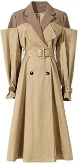 [PTBNRDC] Women's Two-color Splicing Lapel Trench Coat Long Knee-length Coat Dress with Belt