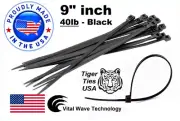 1000 Black 9" inch Wire Cable Zip Ties Nylon Tie Wraps 40lb USA Made Tiger Ties