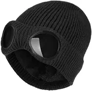 [Leadigol] Unisex Beanie with Goggles, Men Women Plain Black Knit Hat Cap Windproof Winter Skull Cap, Outdoor Sports Cap, Black, Small-Large