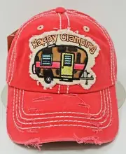 HAPPY GLAMPING Cap Pigment Washed Distressed Dad Hat Adult OSFM Coral NWT