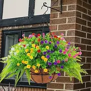 Outdoor Hanging Planter with Artificial Flowers - UV Resistant Rose, Eucalyptus Plants, Faux Plastic Greenery, Gypsophila for Indoor Garden, Porch, Window Box,