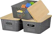 Storage Basket with Bamboo Lid, 3 Pieces Stackable Storage Basket, Plastic Lidded Storage Bins for Pantry, Shelves, Kitchen, Office, Classroom
