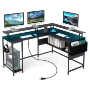 CostwayL-Shaped Home Office Gaming Desk with LED Lights and Power Outlets-Black
