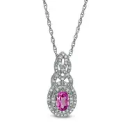 Oval Lab-Created Pink Sapphire and 0.1 CT. T.W. Diamond Double Frame Cascading Pendant in Sterling Silver
