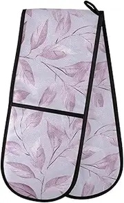 Quteprint Abstract Purple Leaves Pattern Washable Double Oven Mitts, Heat Resistant Quilted Kitchen Oven Gloves Extra Long Potholder 7" x 35" for Cooking Baking Microwave Grilling Barbecue