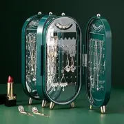 [Cozellos] Foldable Jewelry Boxes for Women with Mirror Jewelry Earrings Necklace Ring Storage Box Creative Folding Screen Storage Rack（Green）